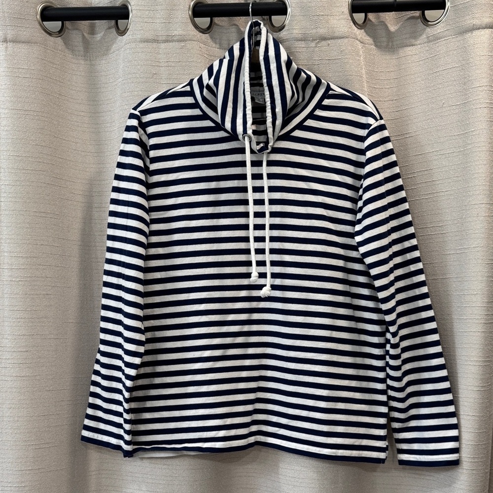 J. Crew Funnel Neck Stripped Blue and White Pullover 100% Cotton Women’s Size M - Picture 1 of 9